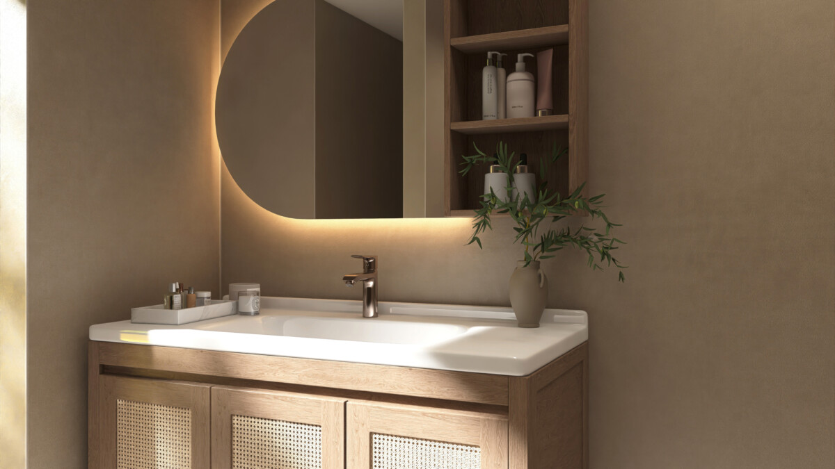 Wooden brown vanity counter, white washbasin, mirror cabinet in sunlight on wall