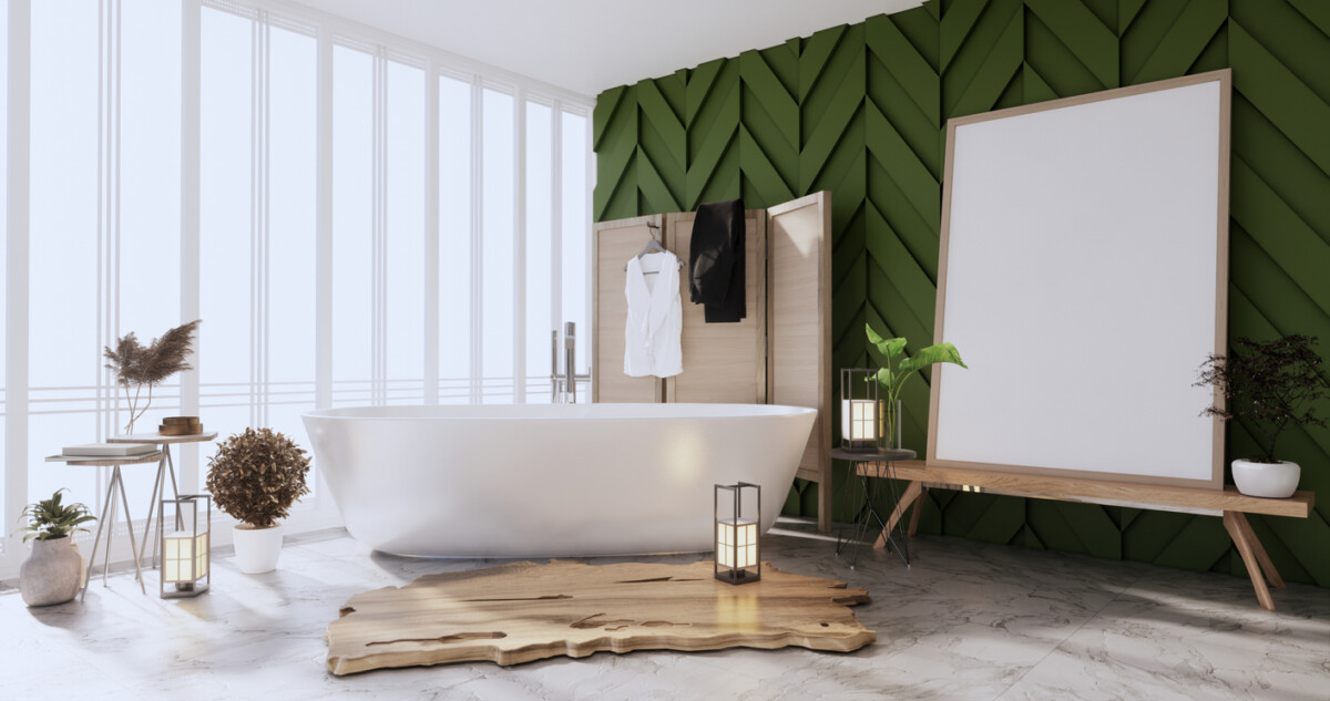 Green bathroom interior with freestanding bathtub, white walls, and tiled floor.