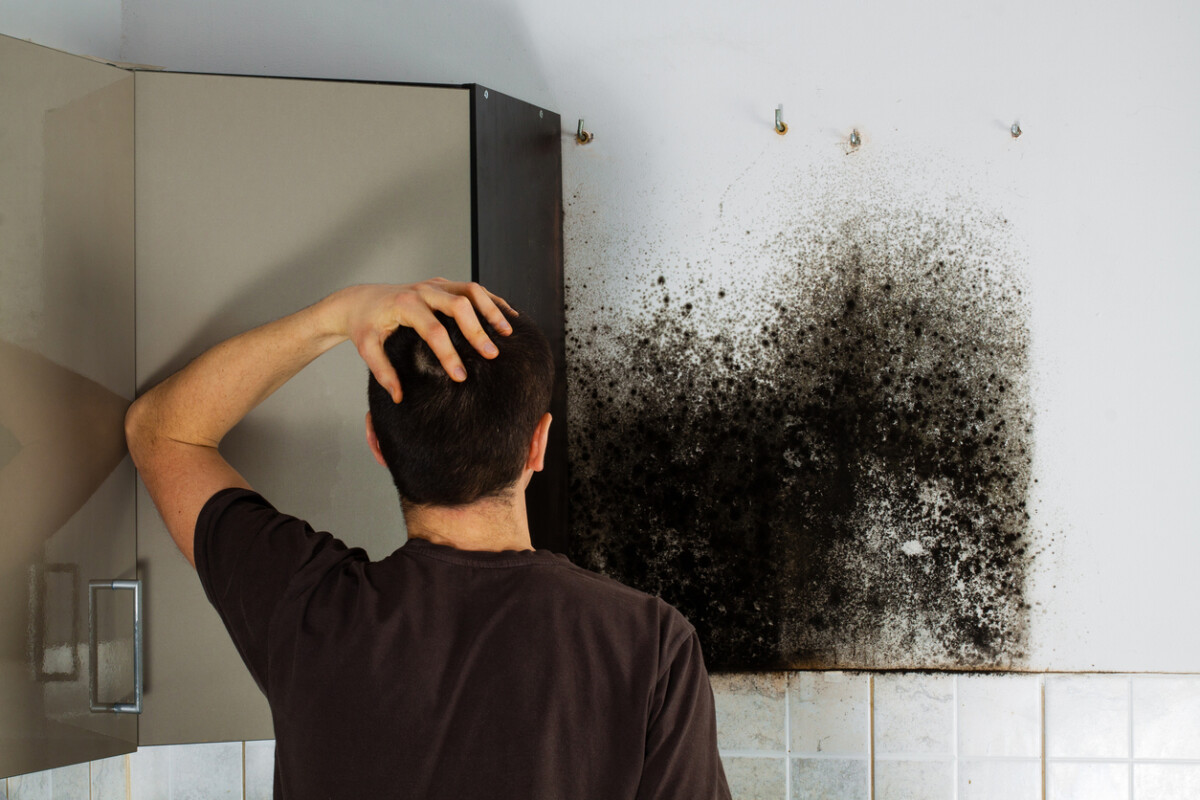 Man looking shocked at mould inside a kitchen cabinet, highlighting issues with moisture and maintenance.